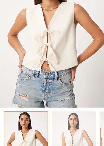 Düğmeli Beyaz Kısa Denim Yelek