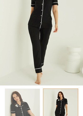 Suwen Siyah Kadın Kısa Kollu Normcore Pijama Takımı