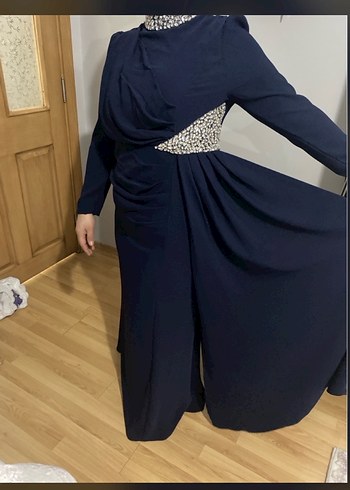 Drapeli Lacivert Uzun Abiye Elbise - Görsel 5