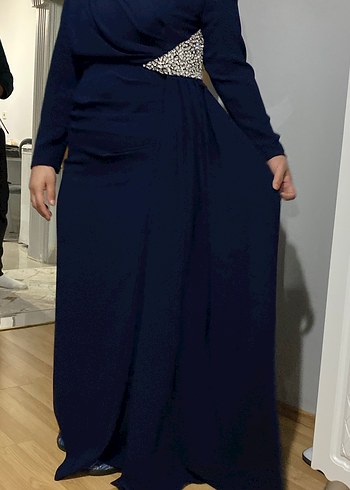 Drapeli Lacivert Uzun Abiye Elbise - Görsel 4