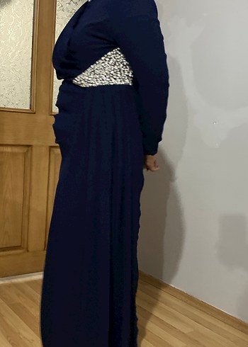 Drapeli Lacivert Uzun Abiye Elbise - Görsel 9