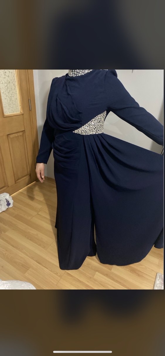 Drapeli Lacivert Uzun Abiye Elbise - Görsel 5