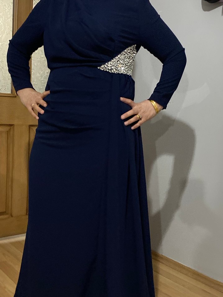 Drapeli Lacivert Uzun Abiye Elbise - Görsel 3