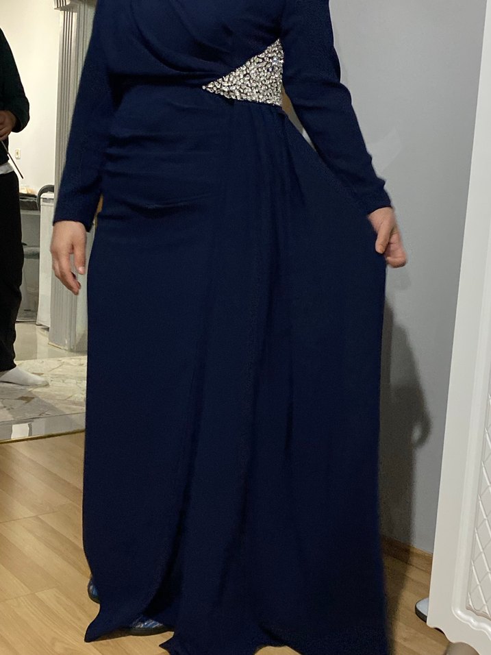 Drapeli Lacivert Uzun Abiye Elbise - Görsel 4