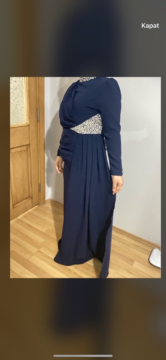 Drapeli Lacivert Uzun Abiye Elbise - Görsel 2