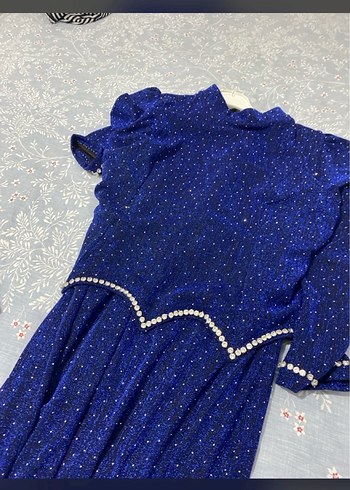 Boncuk İşlemeli Mavi Uzun Kadın Elbise - Görsel 2