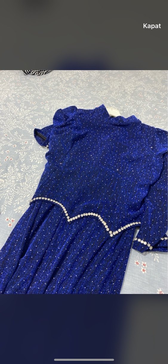 Boncuk İşlemeli Mavi Uzun Kadın Elbise - Görsel 2