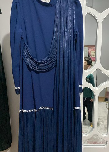 Navy Mavisi Uzun Drapeli Kadın Elbise - Görsel 4