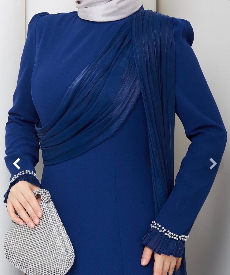 Navy Mavisi Uzun Drapeli Kadın Elbise - Görsel 2