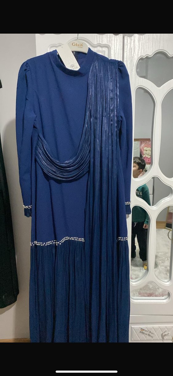 Navy Mavisi Uzun Drapeli Kadın Elbise - Görsel 4