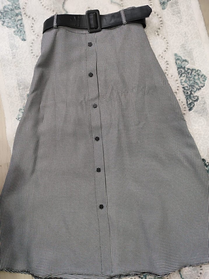 Düğmeli Midi gri Etek - Görsel 2