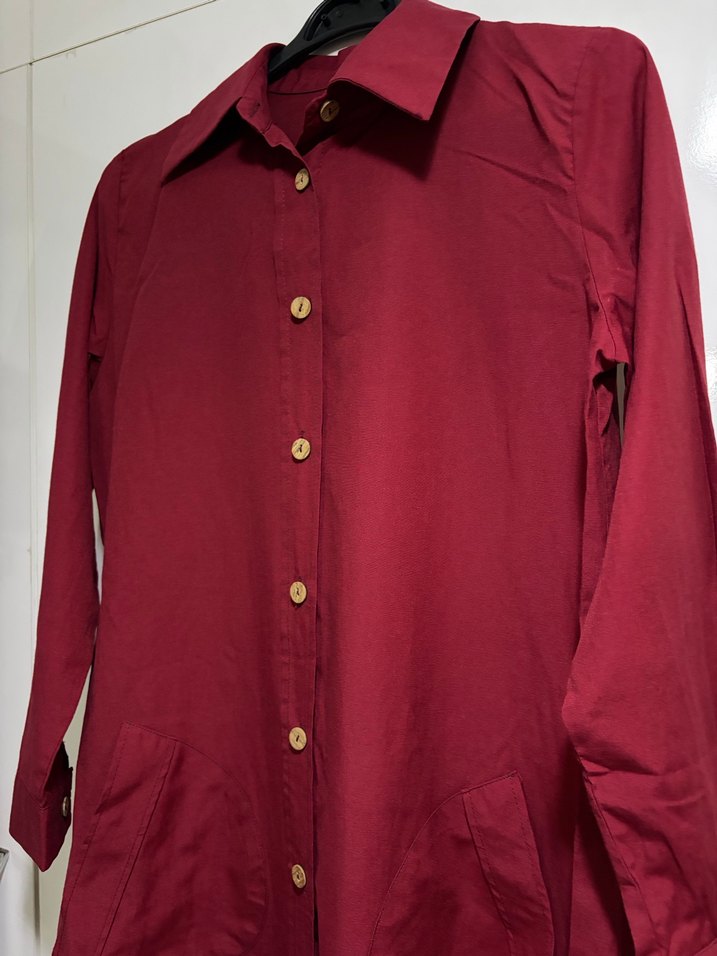 Bordo Uzun Düğmeli Kadın Gömlek - Görsel 4