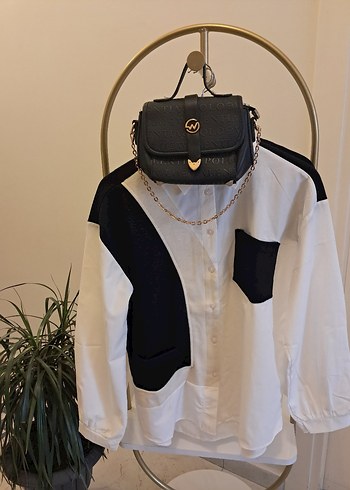 Kadın Siyah Beyaz Düğmeli Pamuklu Gömlek - Görsel 2