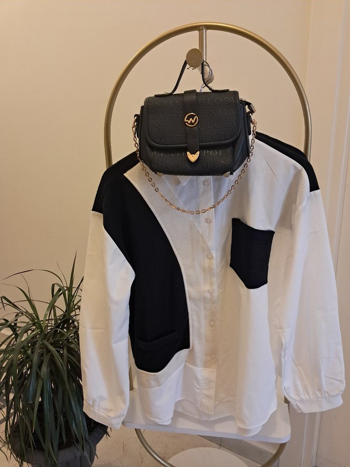 Kadın Siyah Beyaz Düğmeli Pamuklu Gömlek - Görsel 2