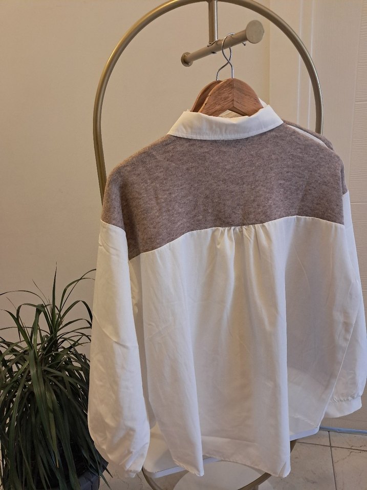 Gri Detaylı Beyaz Kadın Keten Gömlek - Görsel 3