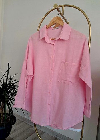 Düğmeli Pembe Keten Mini Kadın Gömlek - Görsel 5