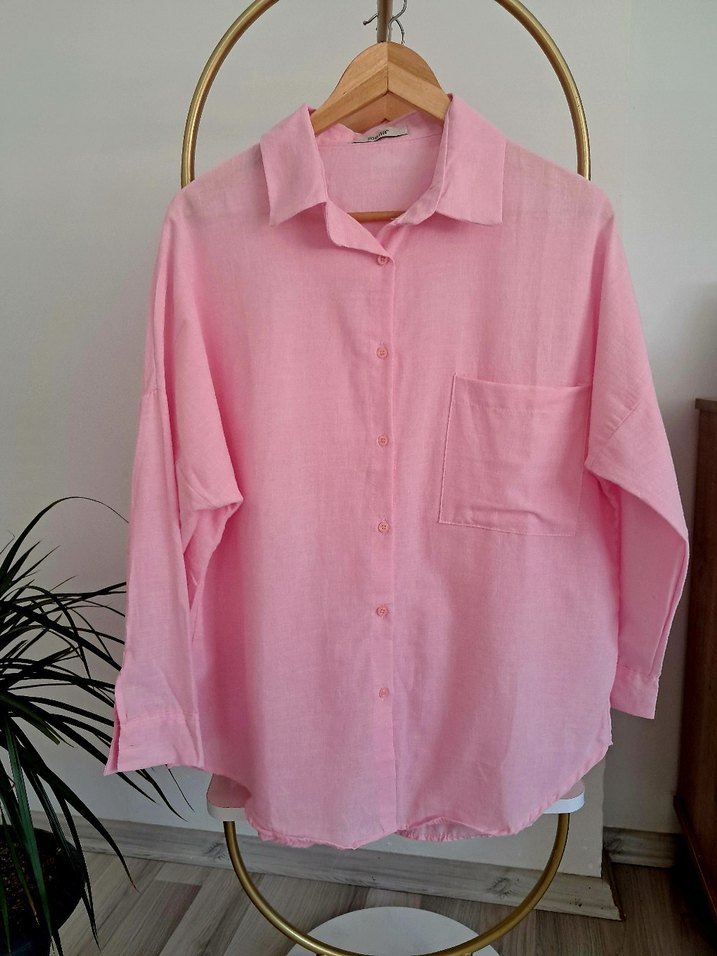 Düğmeli Pembe Keten Mini Kadın Gömlek - Görsel 4