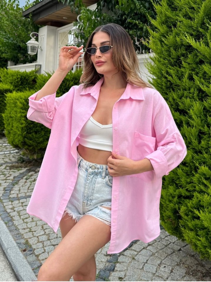 Düğmeli Pembe Keten Mini Kadın Gömlek - Görsel 2