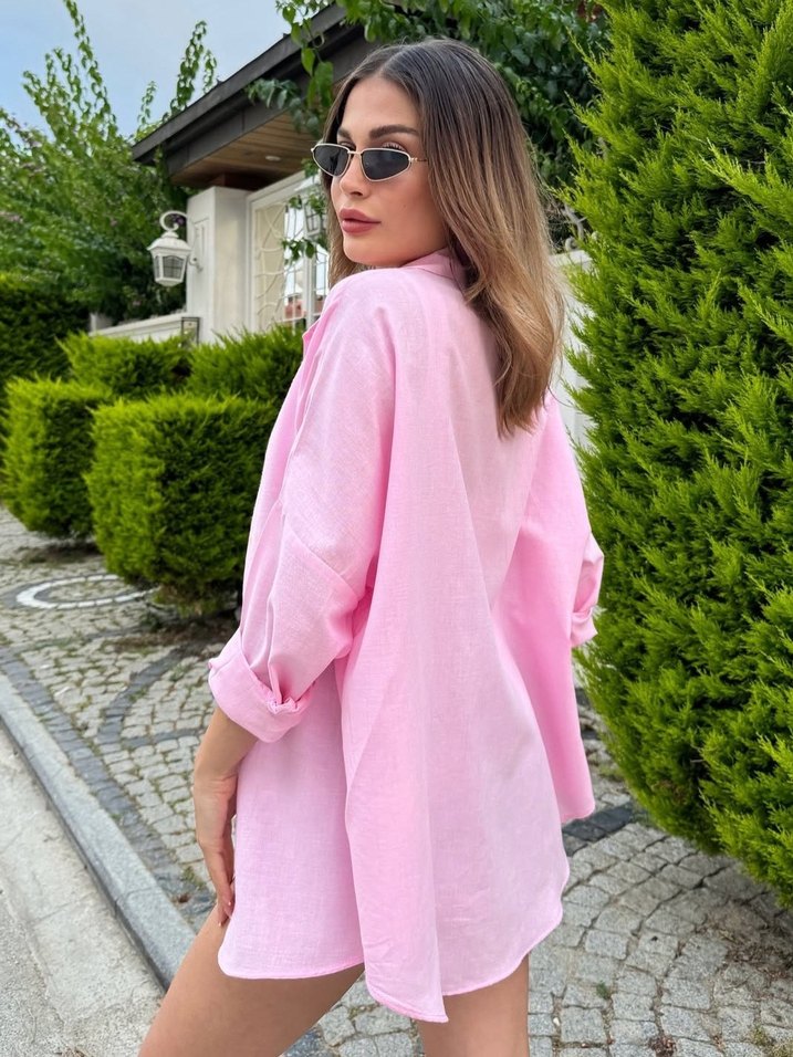 Düğmeli Pembe Keten Mini Kadın Gömlek - Görsel 3