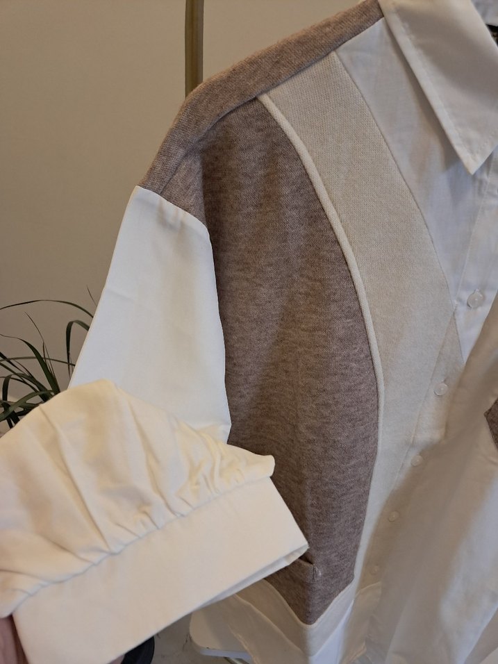 Düğmeli Gri-Beyaz Bol Kesim Kadın Gömlek - Görsel 2