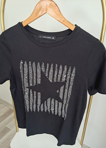 Siyah Kadın Payetli Baskılı Tişört - Görsel 3