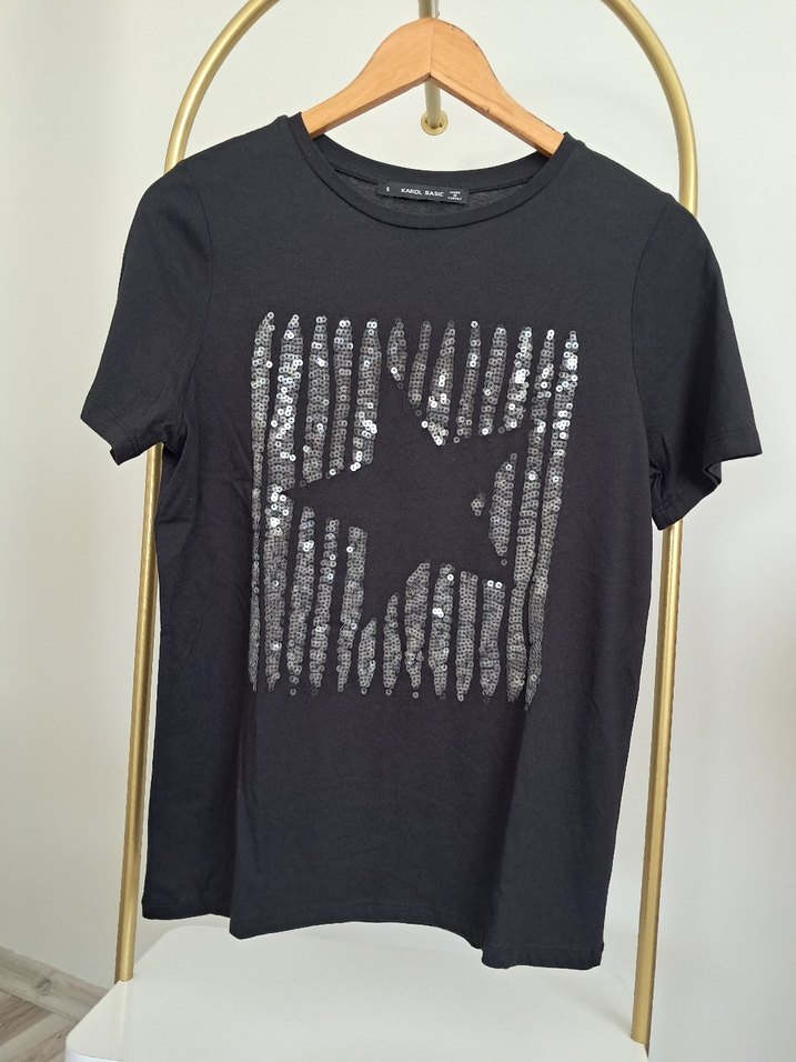 Siyah Kadın Payetli Baskılı Tişört - Görsel 2