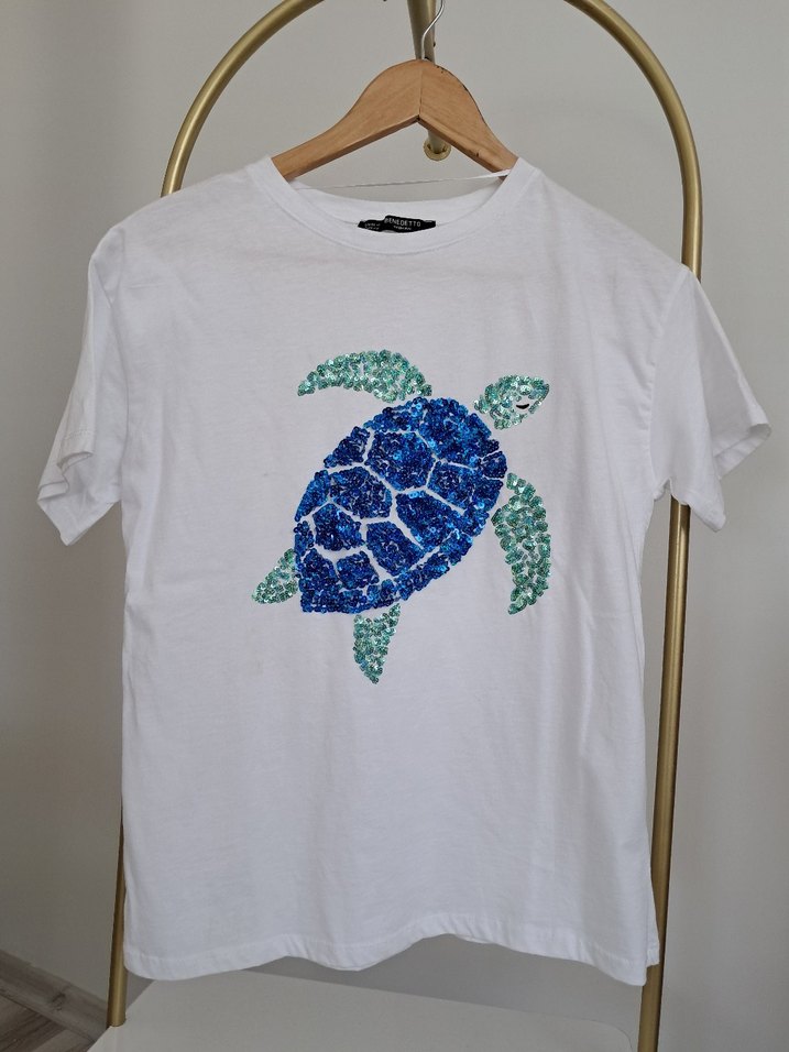 Mavi Payetli Kabarcık Baskılı Kadın Tişört - Görsel 3