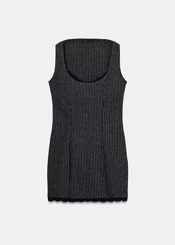 Zara Dantel Detaylı İnce Askılı Gri Midi Elbise - Görsel 3