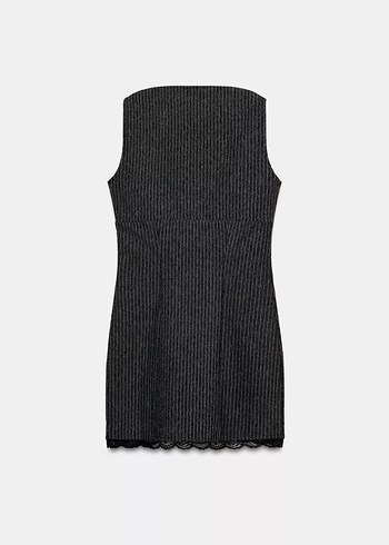 Zara Dantel Detaylı İnce Askılı Gri Midi Elbise - Görsel 4