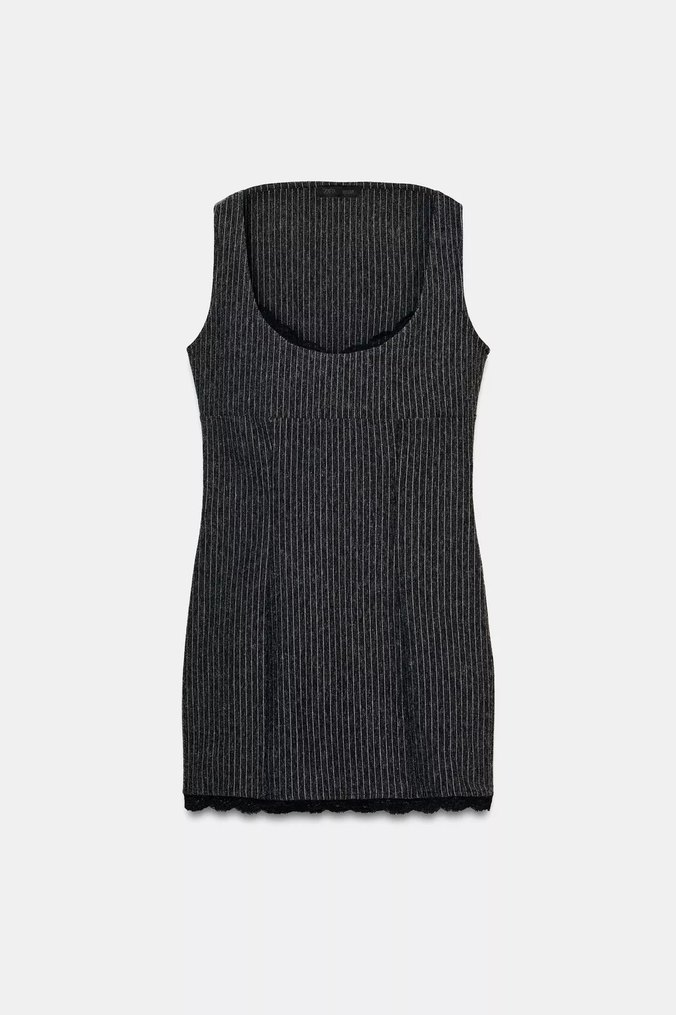 Zara Dantel Detaylı İnce Askılı Gri Midi Elbise - Görsel 3