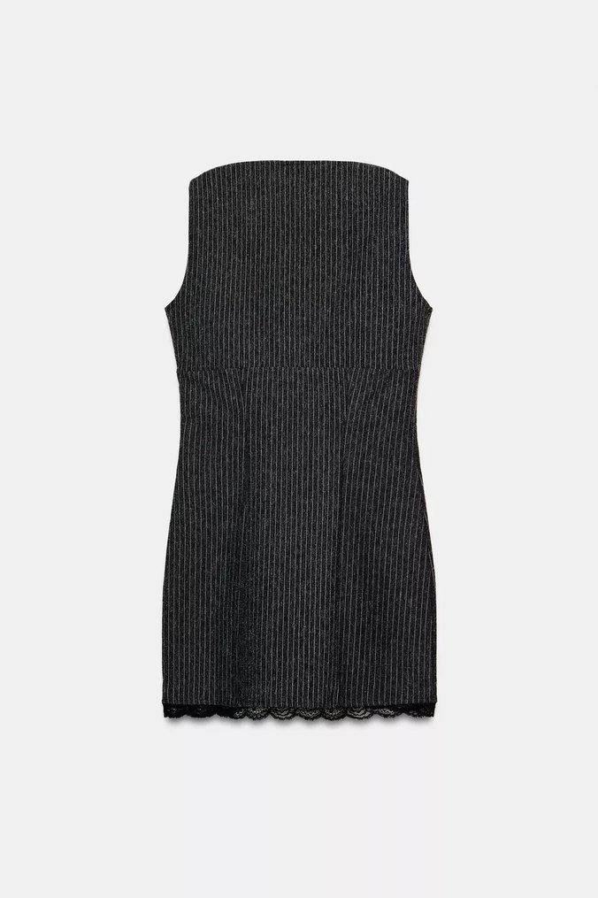 Zara Dantel Detaylı İnce Askılı Gri Midi Elbise - Görsel 4