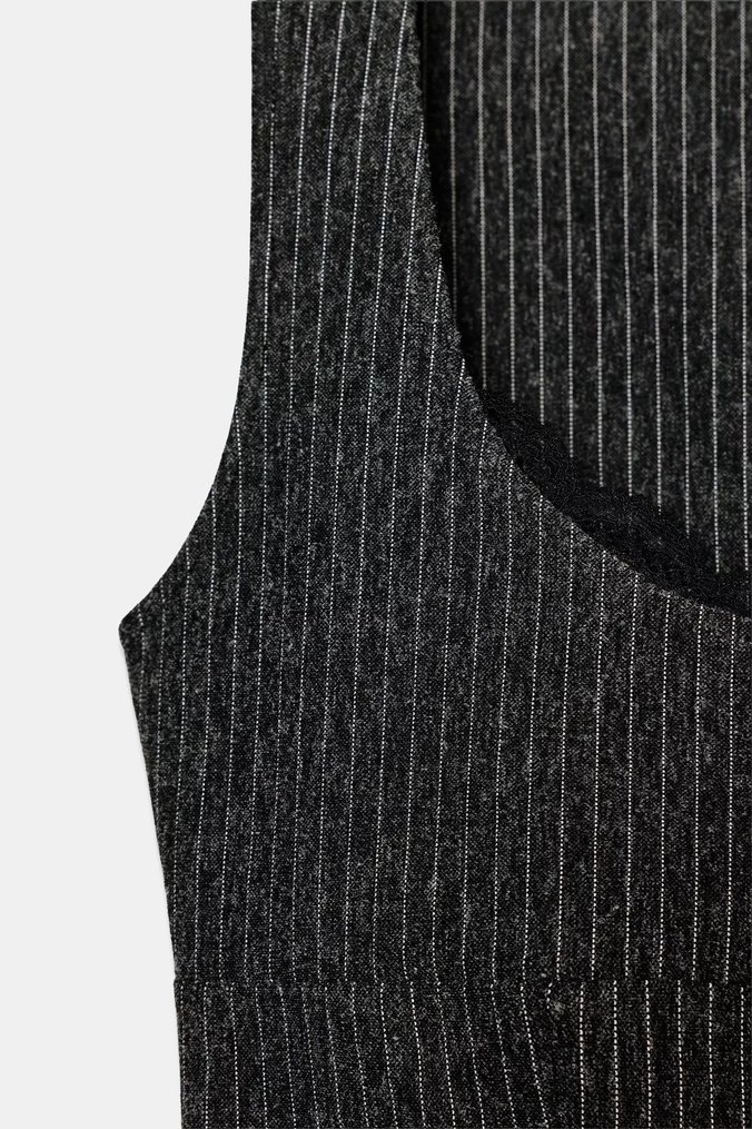 Zara Dantel Detaylı İnce Askılı Gri Midi Elbise - Görsel 5