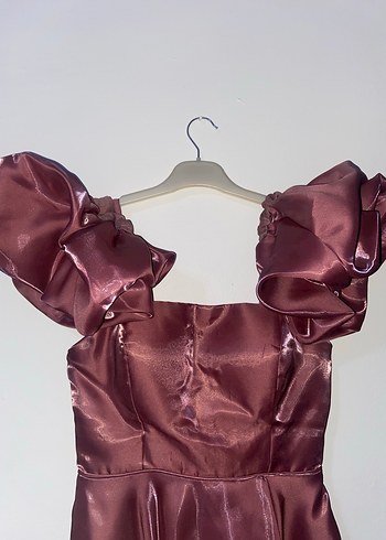 Pembe Parlak Uzun Drapeli Straplez Kadın Abiye - Görsel 5