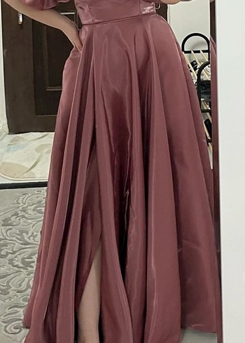 Pembe Parlak Uzun Drapeli Straplez Kadın Abiye - Görsel 2