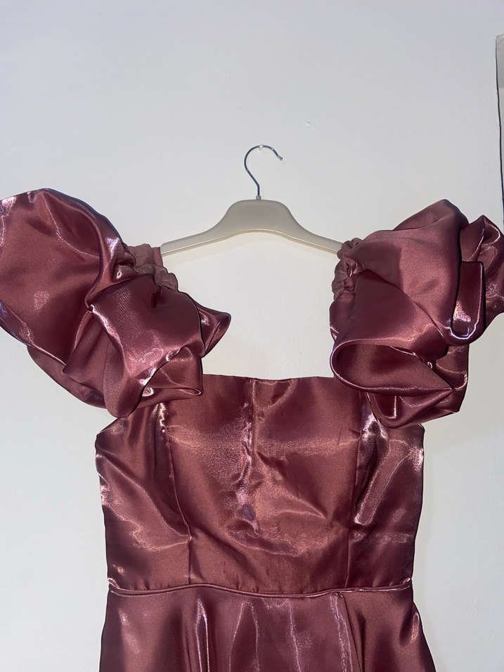 Pembe Parlak Uzun Drapeli Straplez Kadın Abiye - Görsel 5