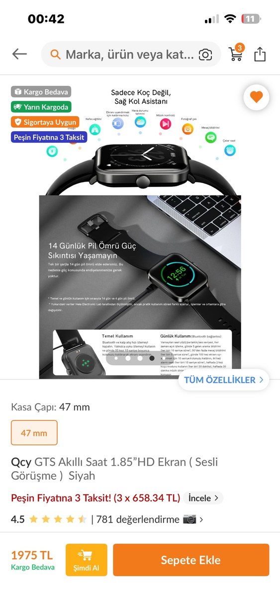 Qcy GTS Akıllı Saat 47mm Siyah 15 gidiyor sıfır ayarında - Görsel 2