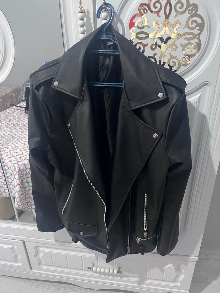 Kadın Siyah Deri Biker Ceket - Görsel 3