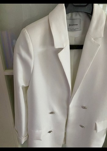 Düğmeli Beyaz Midi Kadın Blazer - Görsel 2