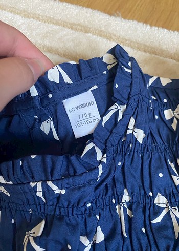 Kız Çocuk Lacivert Fiyonk Desenli Elbise - Görsel 3