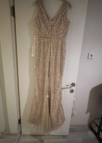 Bej taş İşlemeli özel tasarım Abiye - Görsel 2