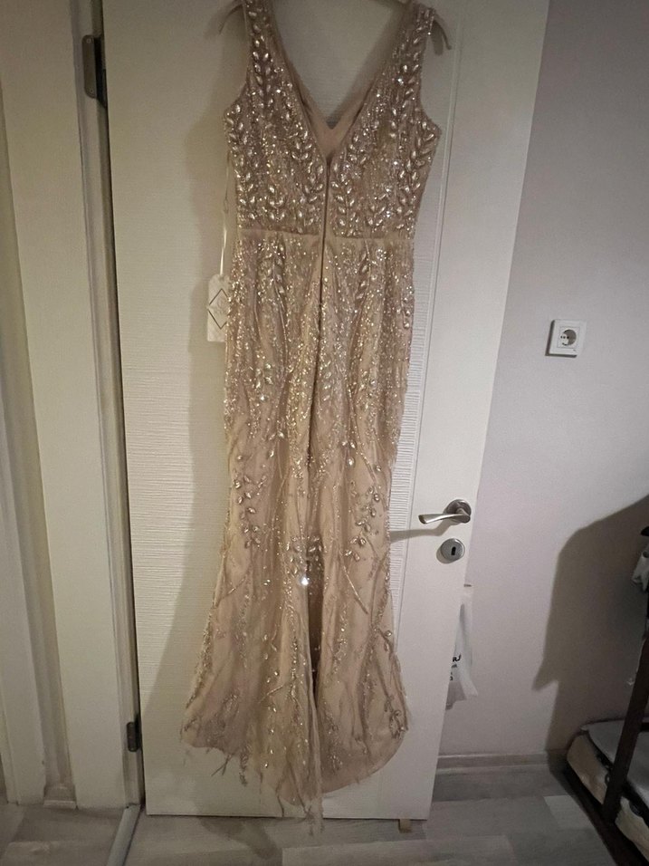 Bej taş İşlemeli özel tasarım Abiye - Görsel 2