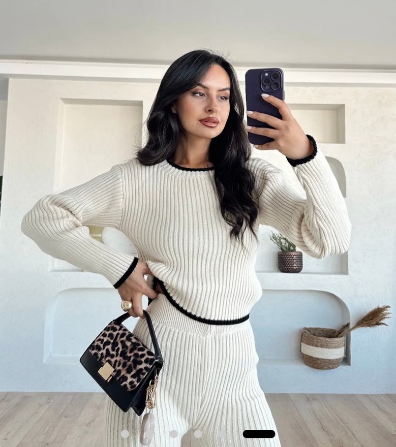 Beyaz-Krem Siyah Detaylı Triko Takımı - Görsel 4