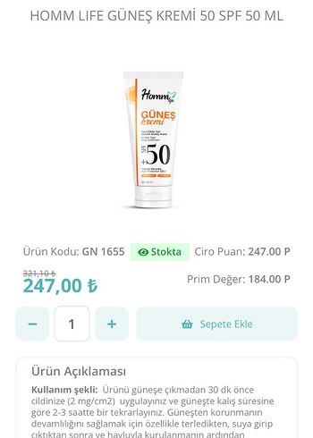 Homm Life Güneş Kremi 50 SPF 50 ml