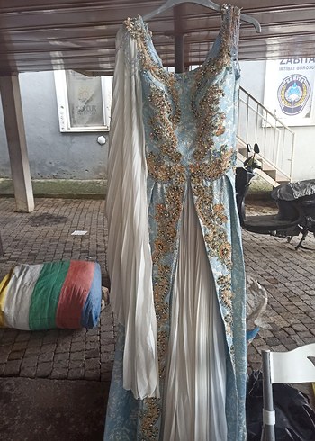 Mavi İşlemeli Drapeli Uzun Abiye Elbise - Görsel 2