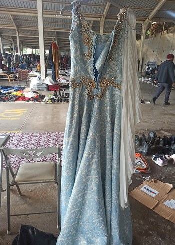 Mavi İşlemeli Drapeli Uzun Abiye Elbise - Görsel 3