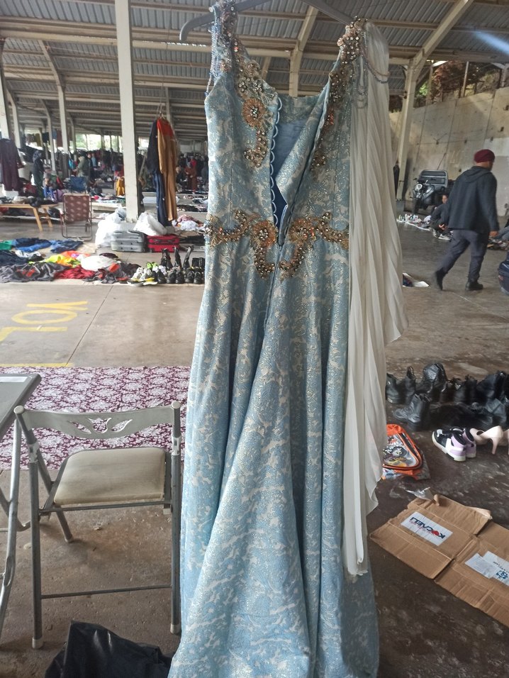 Mavi İşlemeli Drapeli Uzun Abiye Elbise - Görsel 3