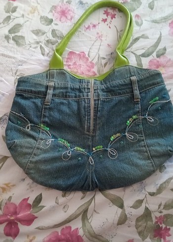American Vintage Canli Yesil Detayli Mavi Denim Omuz Cantasi