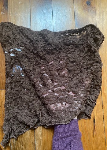 Kahverengi Dantel Starplez Asimetrik Üst - Görsel 2