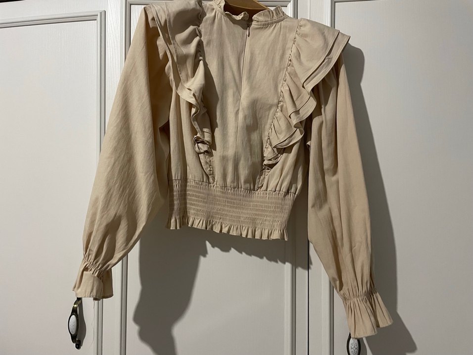 Bej Keten Fırfırlı Uzun Kollu Bluz - Görsel 3