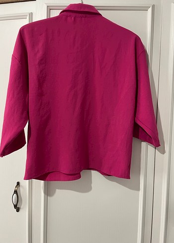 Düğmeli Pembe Keten Kadın Gömlek - Görsel 3